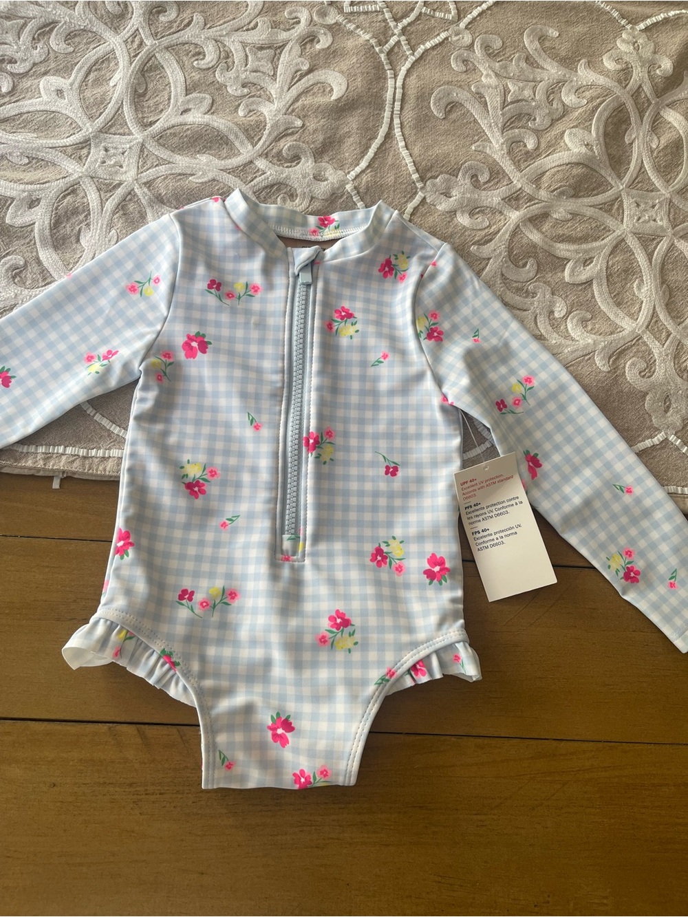 Old Navy Girls Light Blue Gingham Floral Long-Sleeve Rashguard